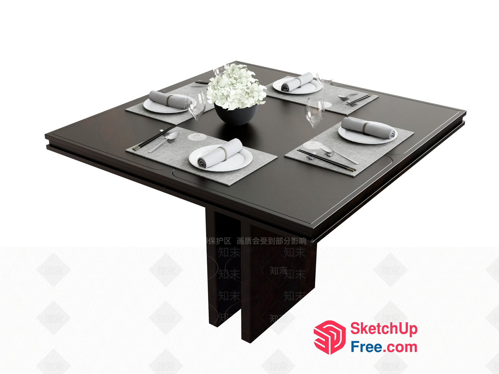 Elegant Dining Table With Placemats And Napkin Rolls 3D SketchUp File