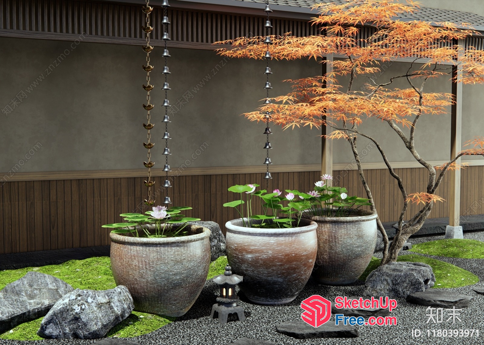 Japanese Style Garden With Potted Plants And Lanterns 3D SketchUp File