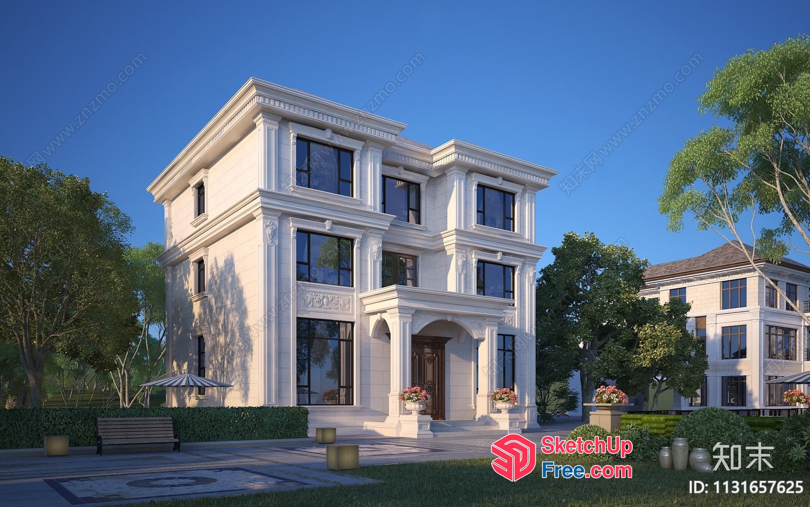 Elegant White Villa With Classical Moulding And Pillars 3D SketchUp File