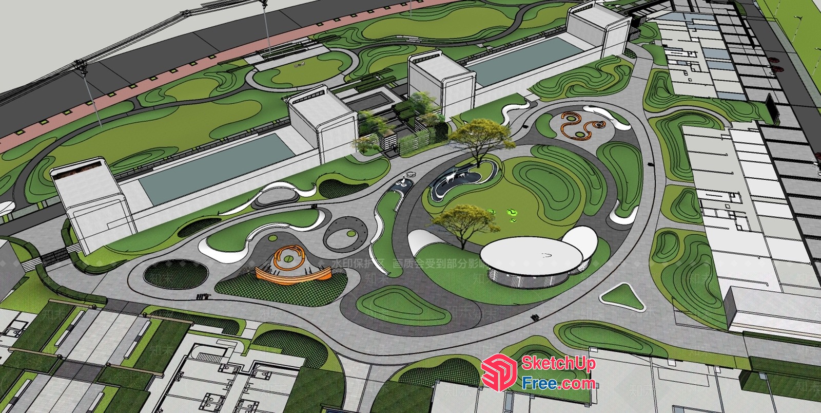 Modern Park Design With Curved Paths And Green Spaces 3D SketchUp File