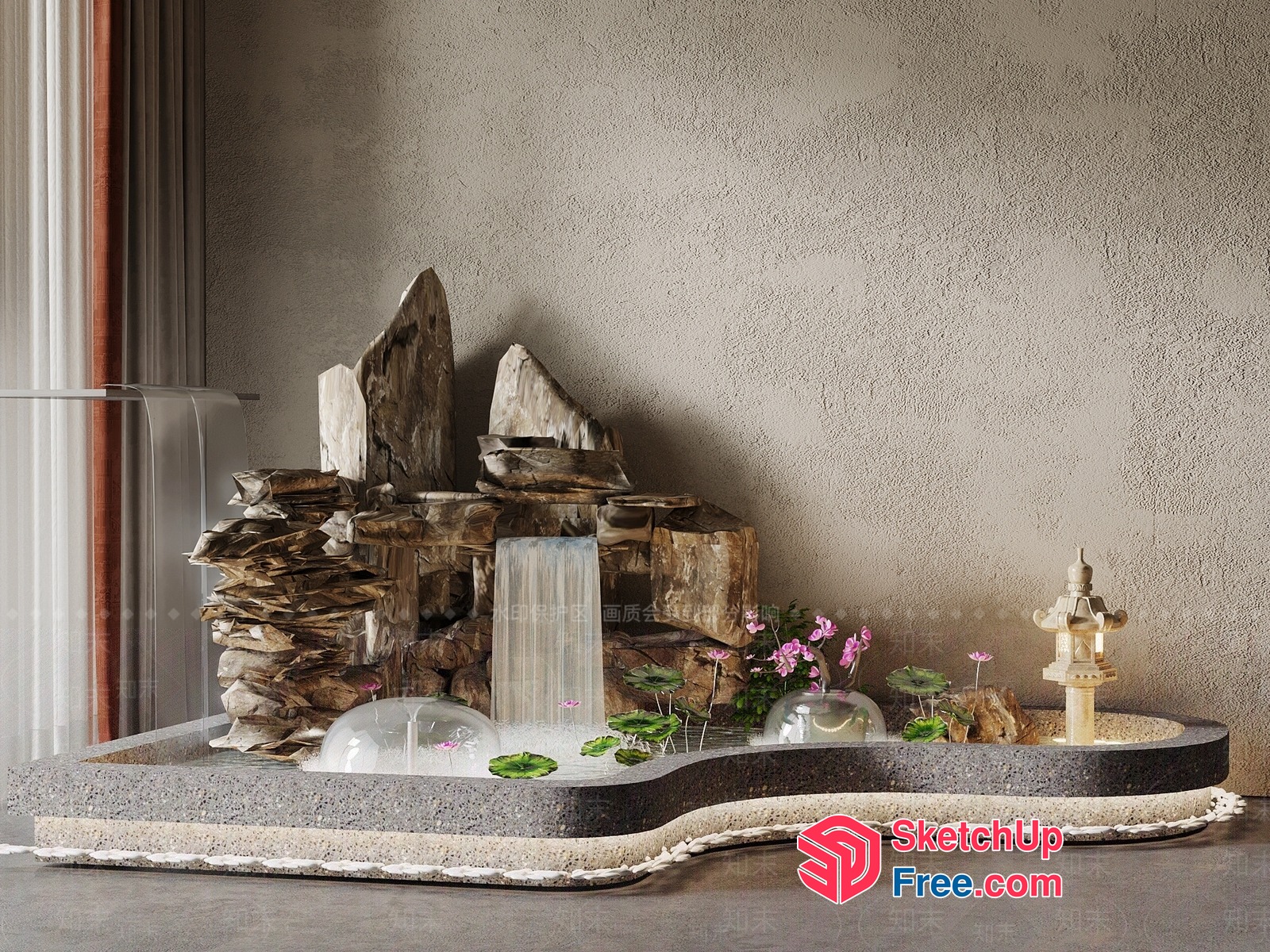 Serene Waterfall Scene With Elegant Pillars And Lush Greenery 3D SketchUp File