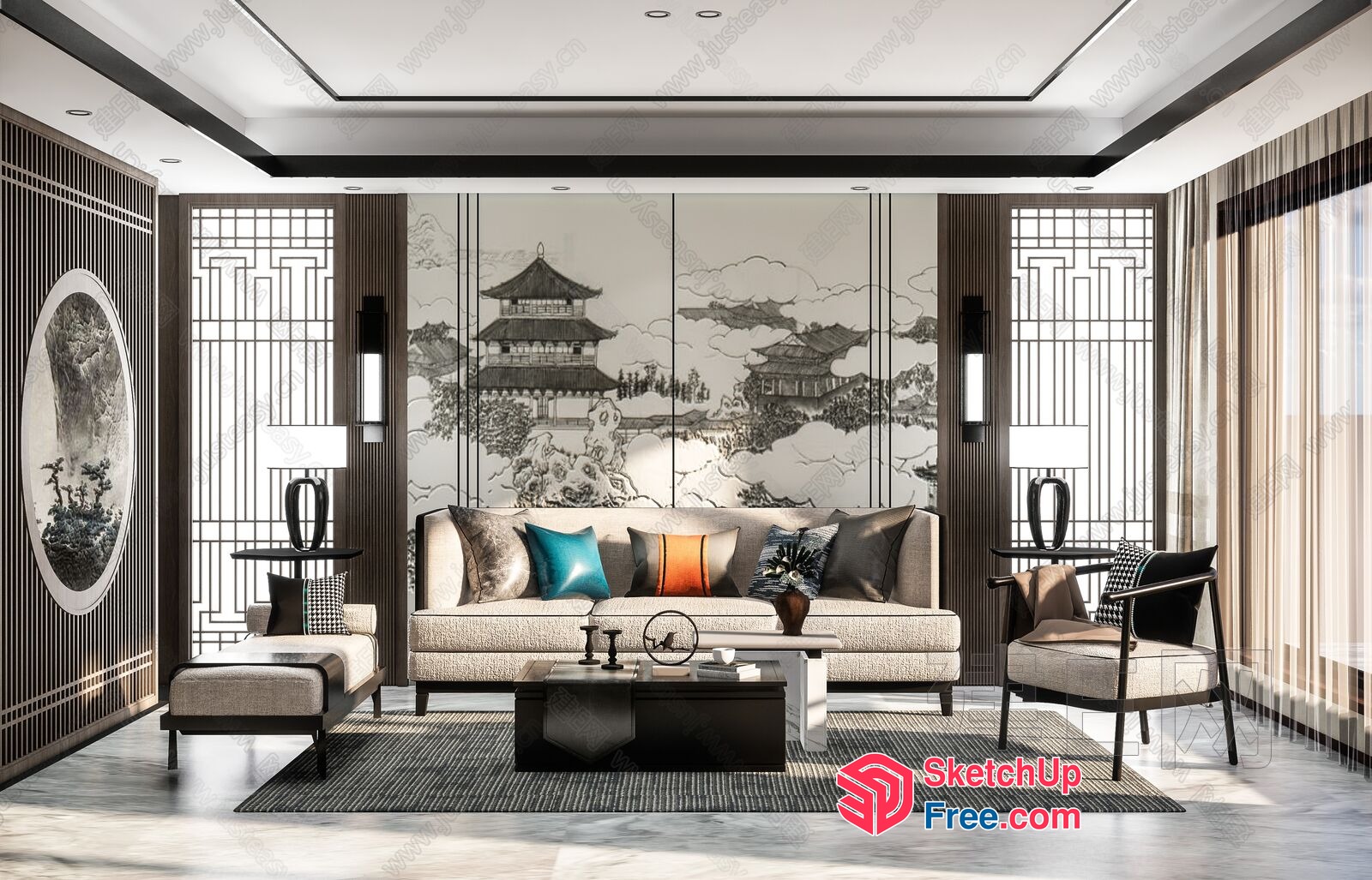 Elegant Modern Asian-Inspired Living Room Design 3D SketchUp File