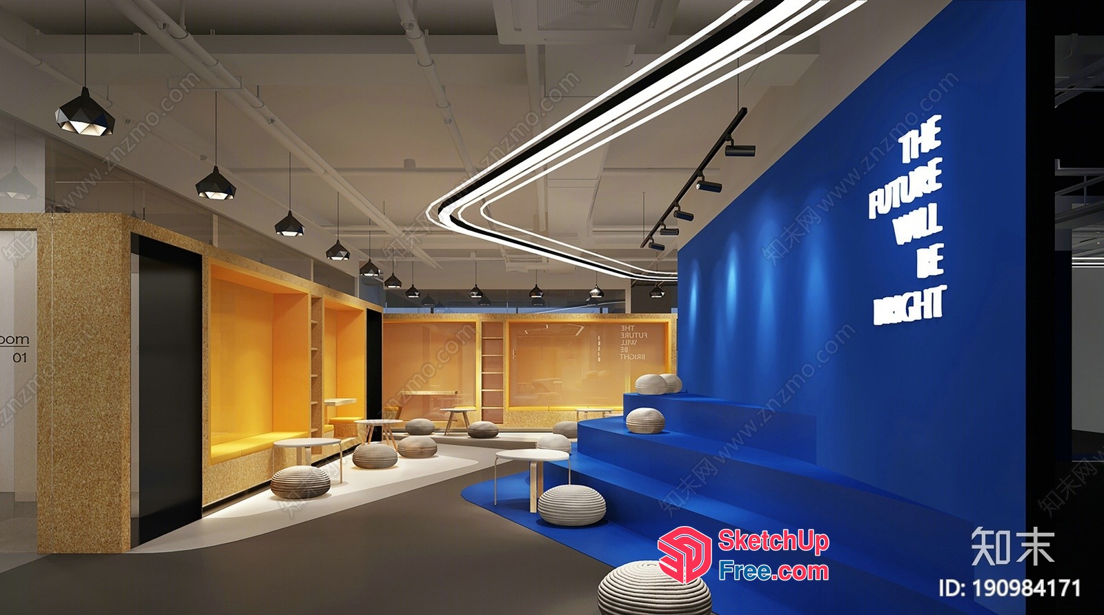 Modern Interior Design With Blue Staircase And White Tables 3D SketchUp File