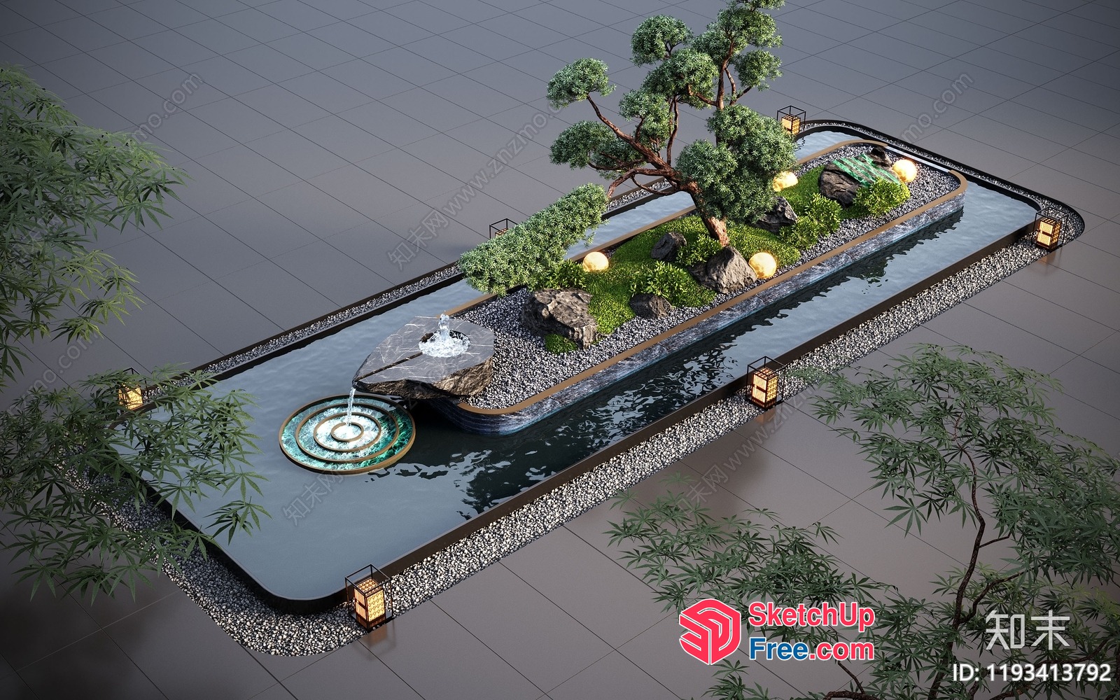 Japanese-Inspired Water Feature And Garden 3D SketchUp File