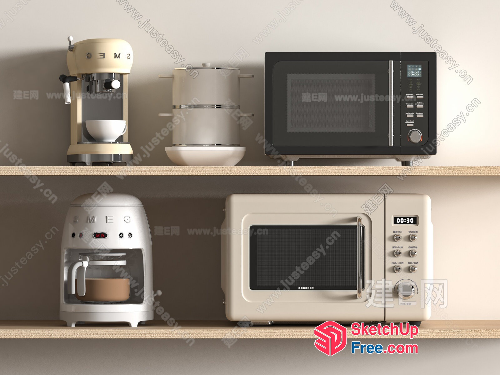 Modern Kitchen Appliances On Wooden Shelves 3D SketchUp File