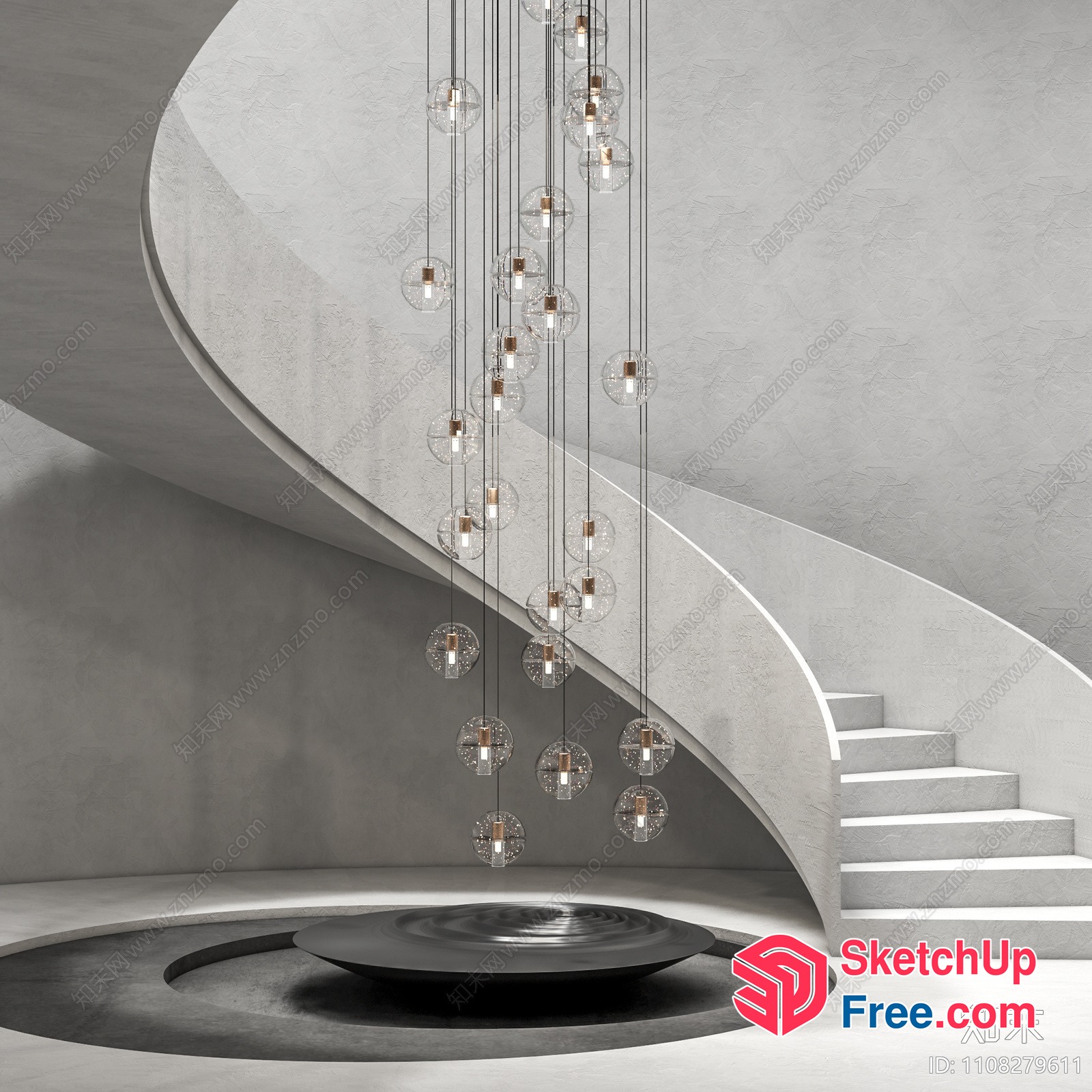 Elegant Spiral Staircase With Glass Ball Chandelier 3D SketchUp File