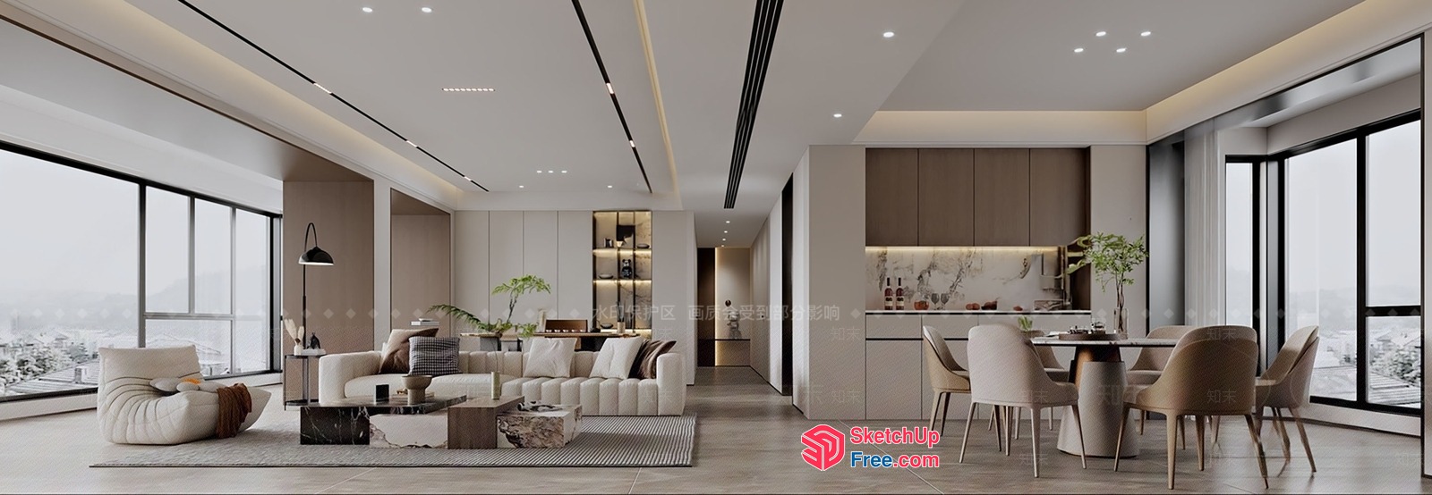 Modern Open-Plan Living Space With Dining Area 3D SketchUp File