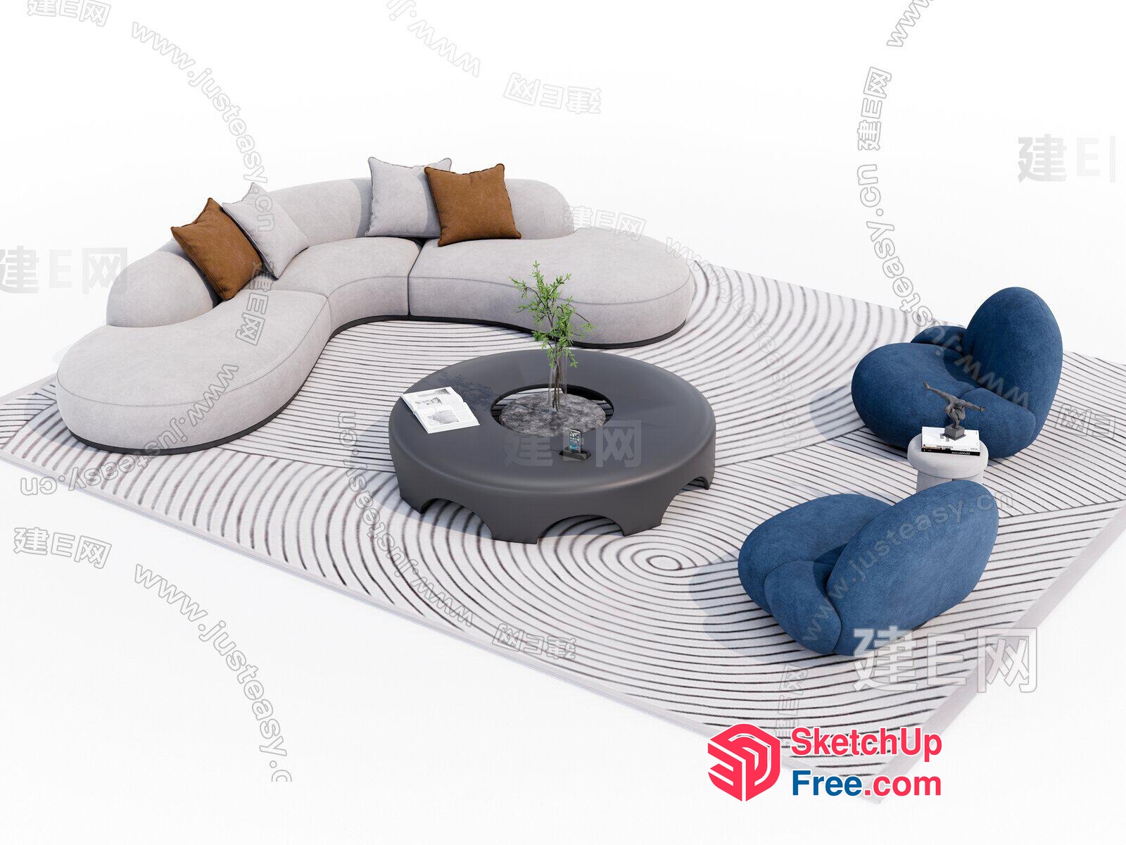 Modern Minimalist Living Room With Curved Sofa And Striped Rug 3D SketchUp File