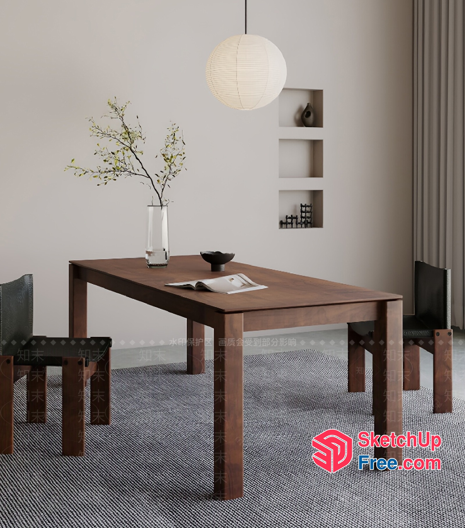 Modern Minimalist Dining Room With Brown Table And Black Chairs 3D SketchUp File