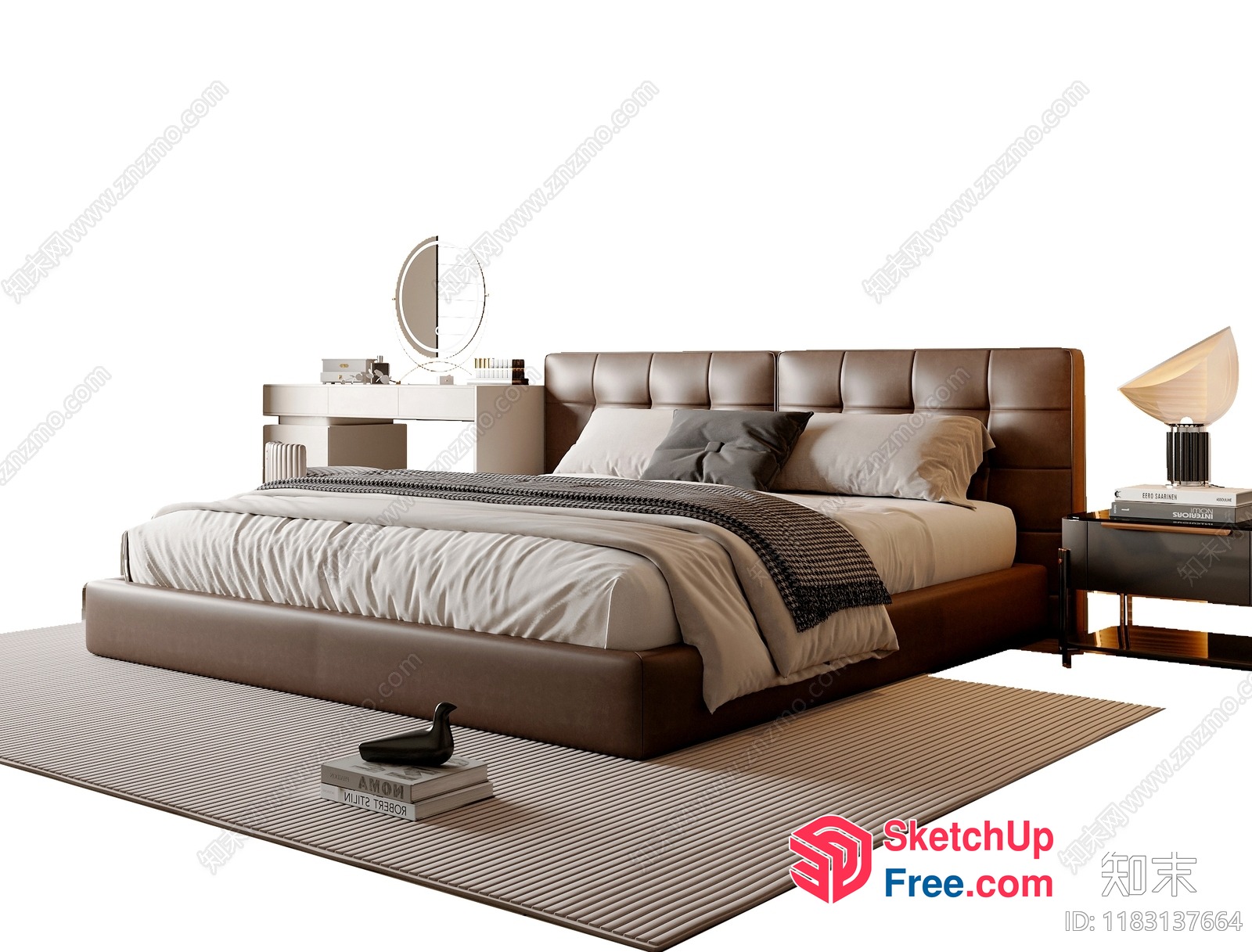 Elegant And Modern Bedroom With Leather Bed And Dressing Table 3D SketchUp File