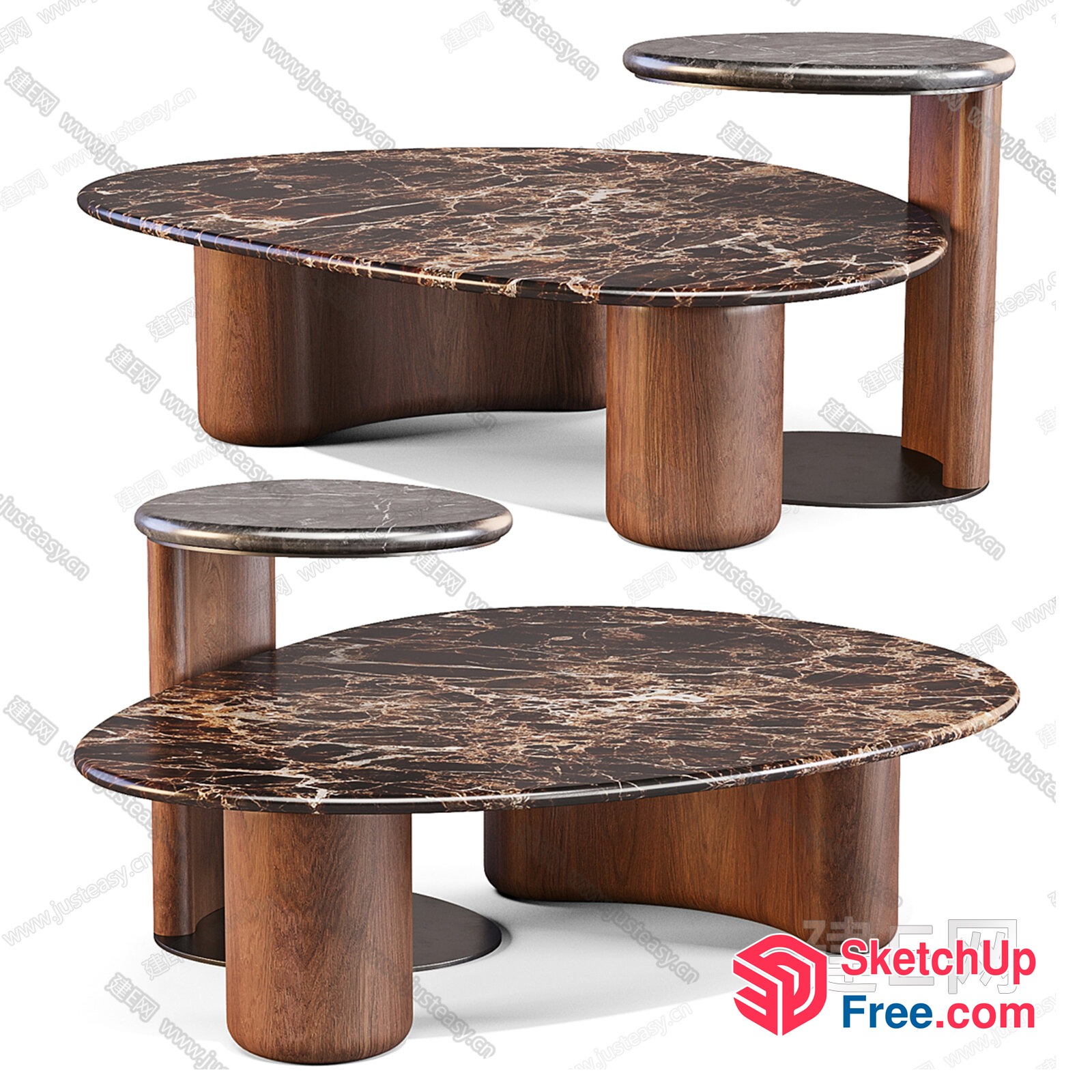 Modern Dark Wood And Marble Coffee Table Set 3D SketchUp File