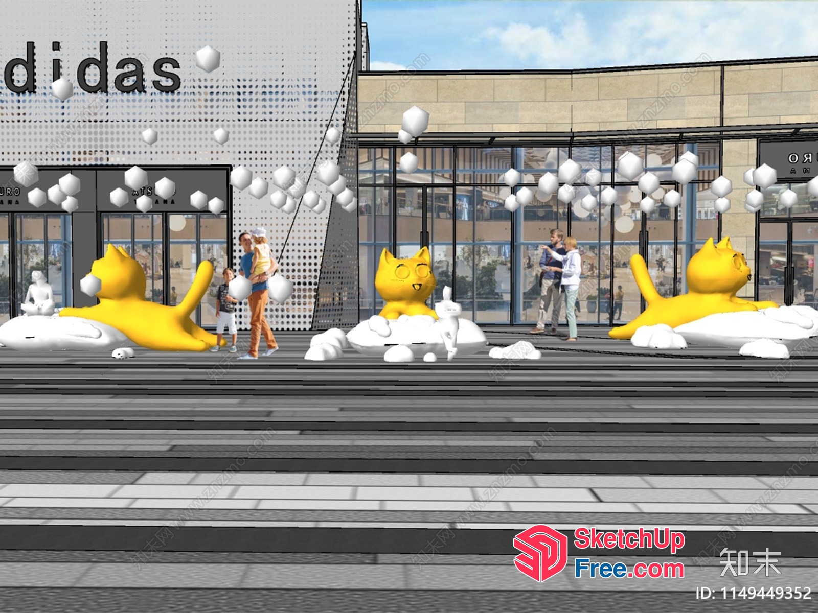 Yellow Cat Sculptures In Front Of A Modern Building 3D SketchUp File