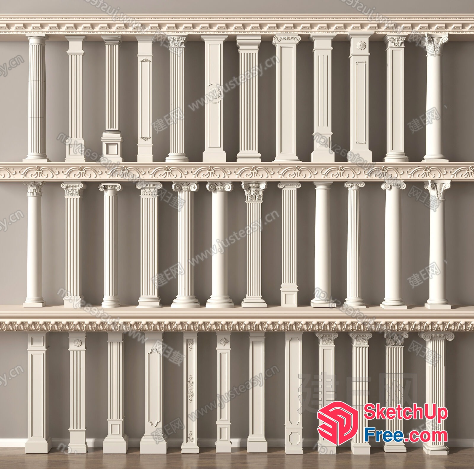 Classic White Pillars With Ornate Moldings 3D SketchUp File