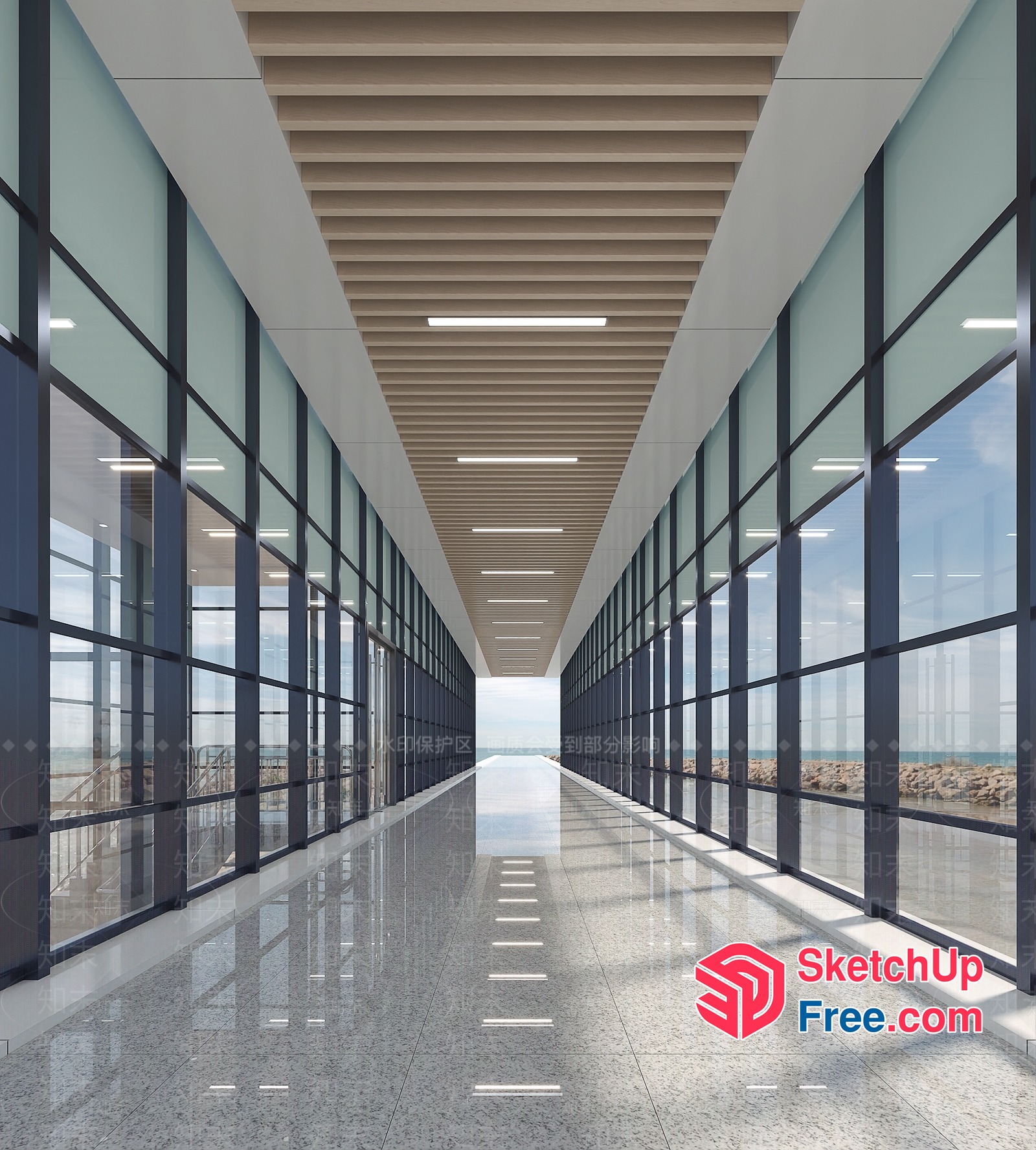 Long Glass-Walled Corridor With Ceiling Beams 3D SketchUp File