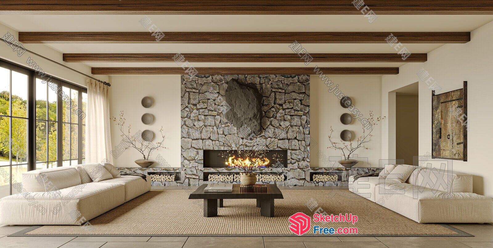 Cozy Minimalist Living Room With Fireplace And Natural Light 3D SketchUp File