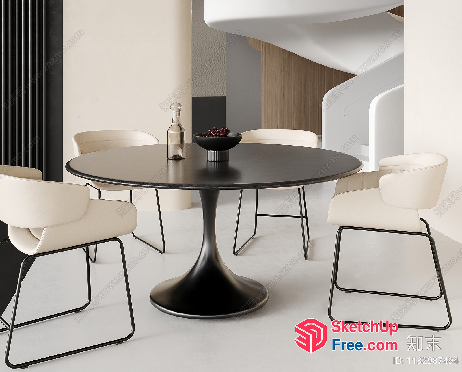 Modern Minimalist Dining Room With Black Table And White Chairs 3D SketchUp File