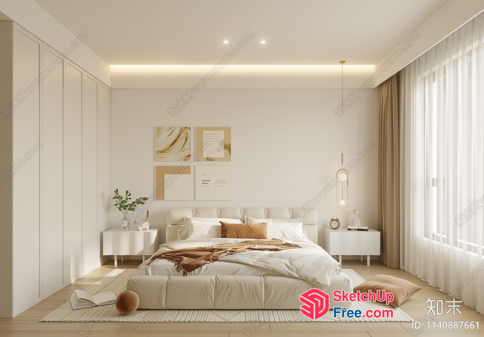 Modern Creamy Style Bedroom With Minimalist Furniture 3D SketchUp File