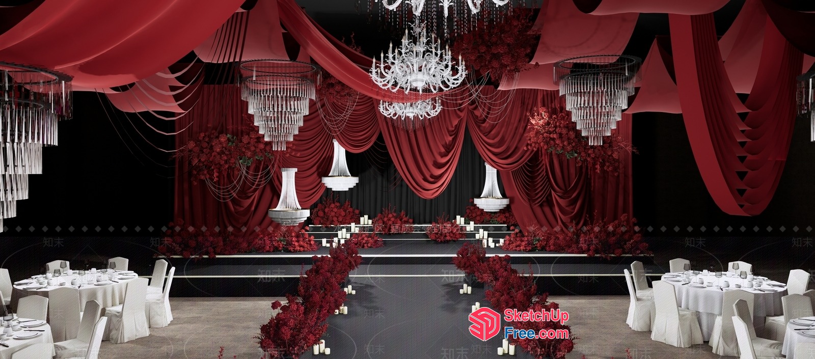 Elegant Red And Black Stage With Chandeliers 3D SketchUp File