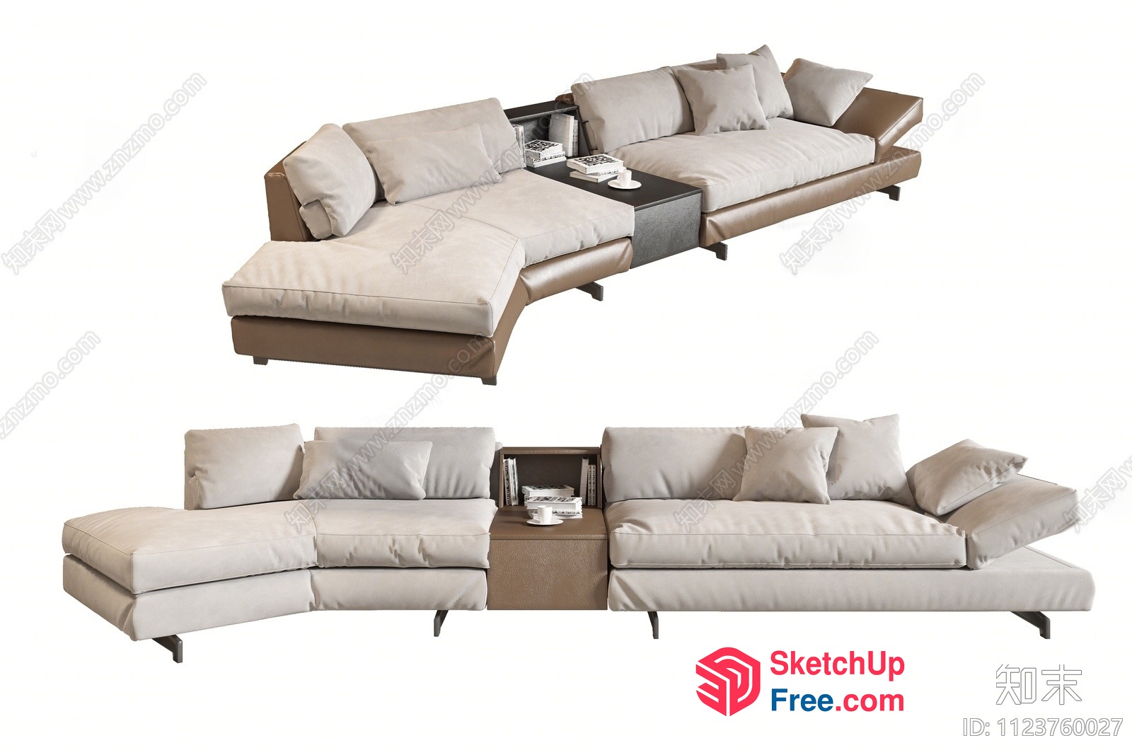 Modern L-Shaped Sofa With Cream And Brown Leather 3D SketchUp File