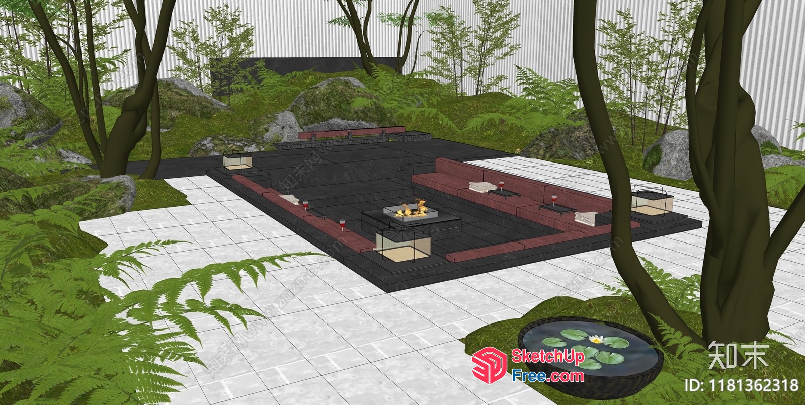 Japanese-Style Outdoor Patio With Fire Pit And Water Feature 3D SketchUp File