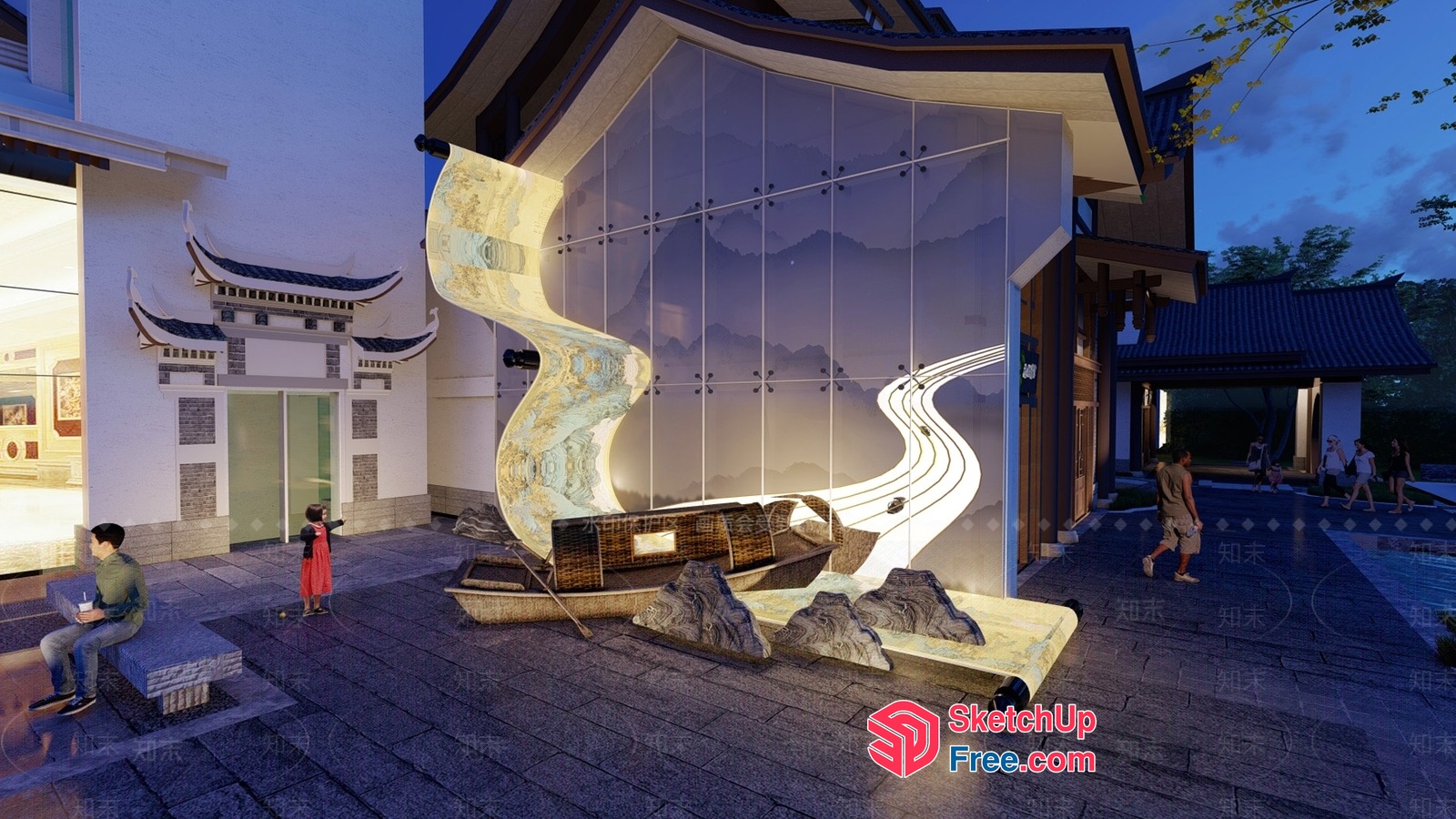 Modern Asian Exterior Design With Glass Curtain Wall 3D SketchUp File