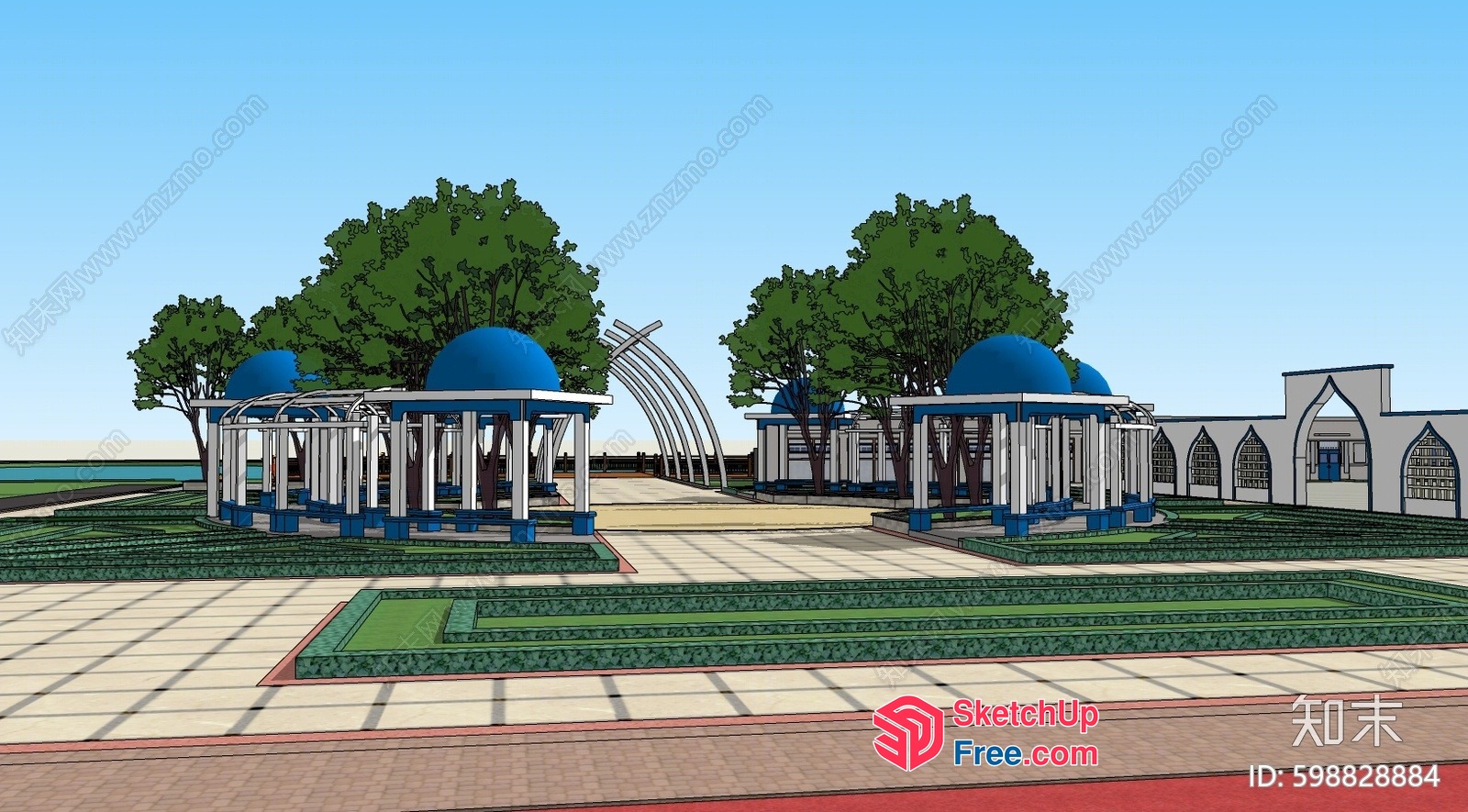Ornate Pavilion With Blue Domes And White Pillars 3D SketchUp File