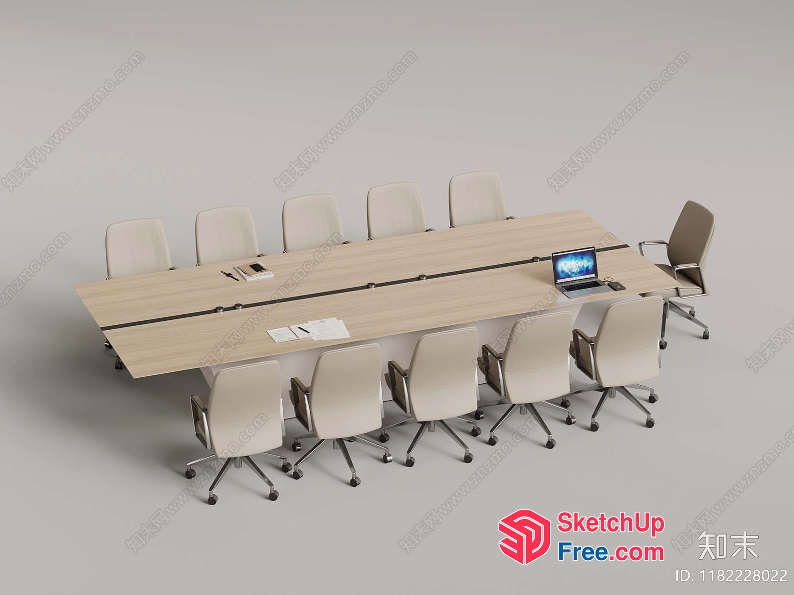 Long Conference Table With Laptop And Chairs 3D SketchUp File