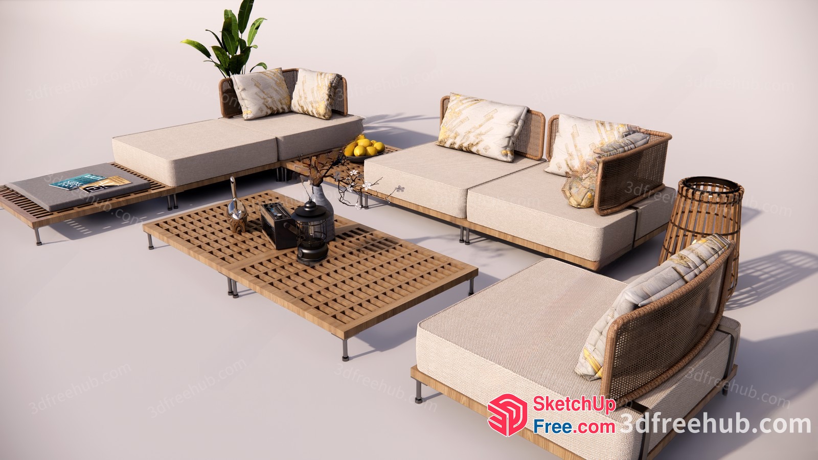 Modern Living Room Furniture With Natural Wood And Rattan 3D SketchUp File