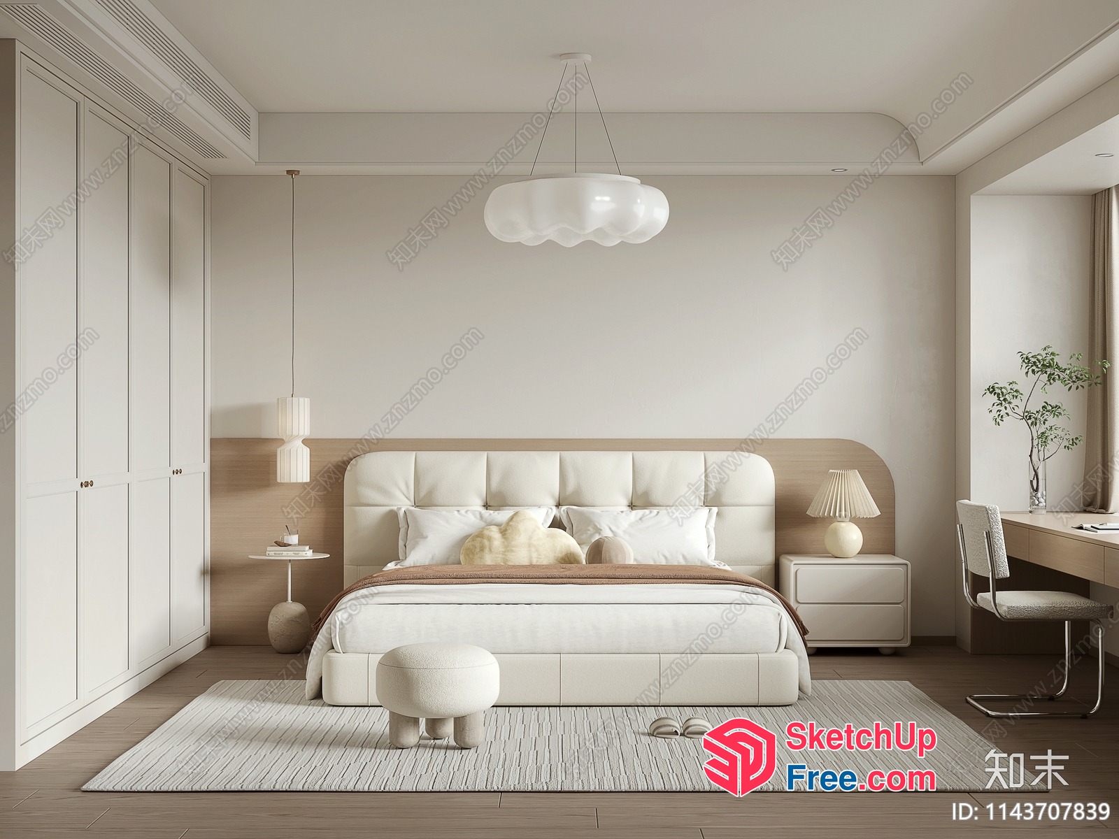 Modern Minimalist Creamy Style Bedroom Interior 3D SketchUp File