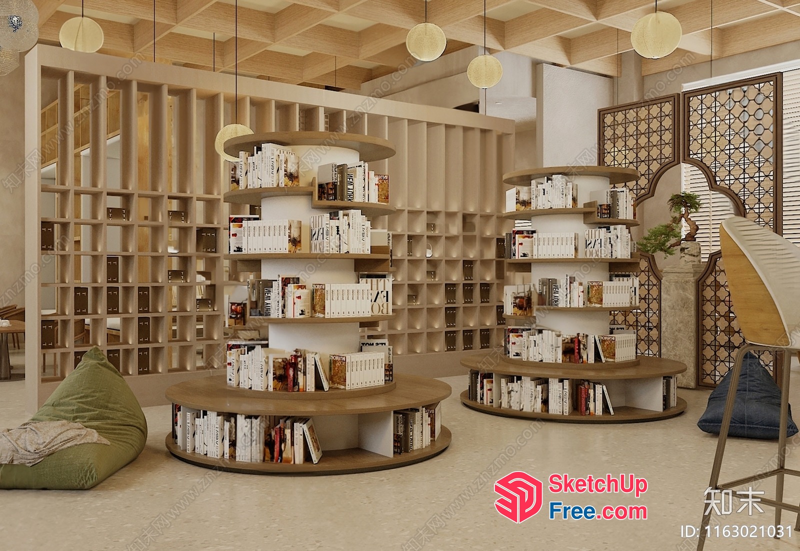 Modern Library With Spiral Bookshelves And Cozy Seating 3D SketchUp File