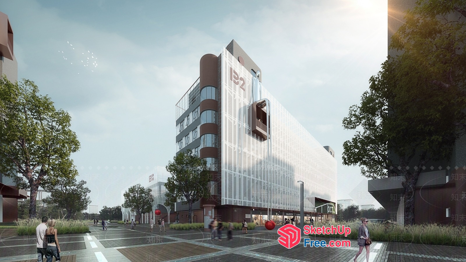 Modern Office Building With Glass Curtain Wall And Commercial Street 3D SketchUp File