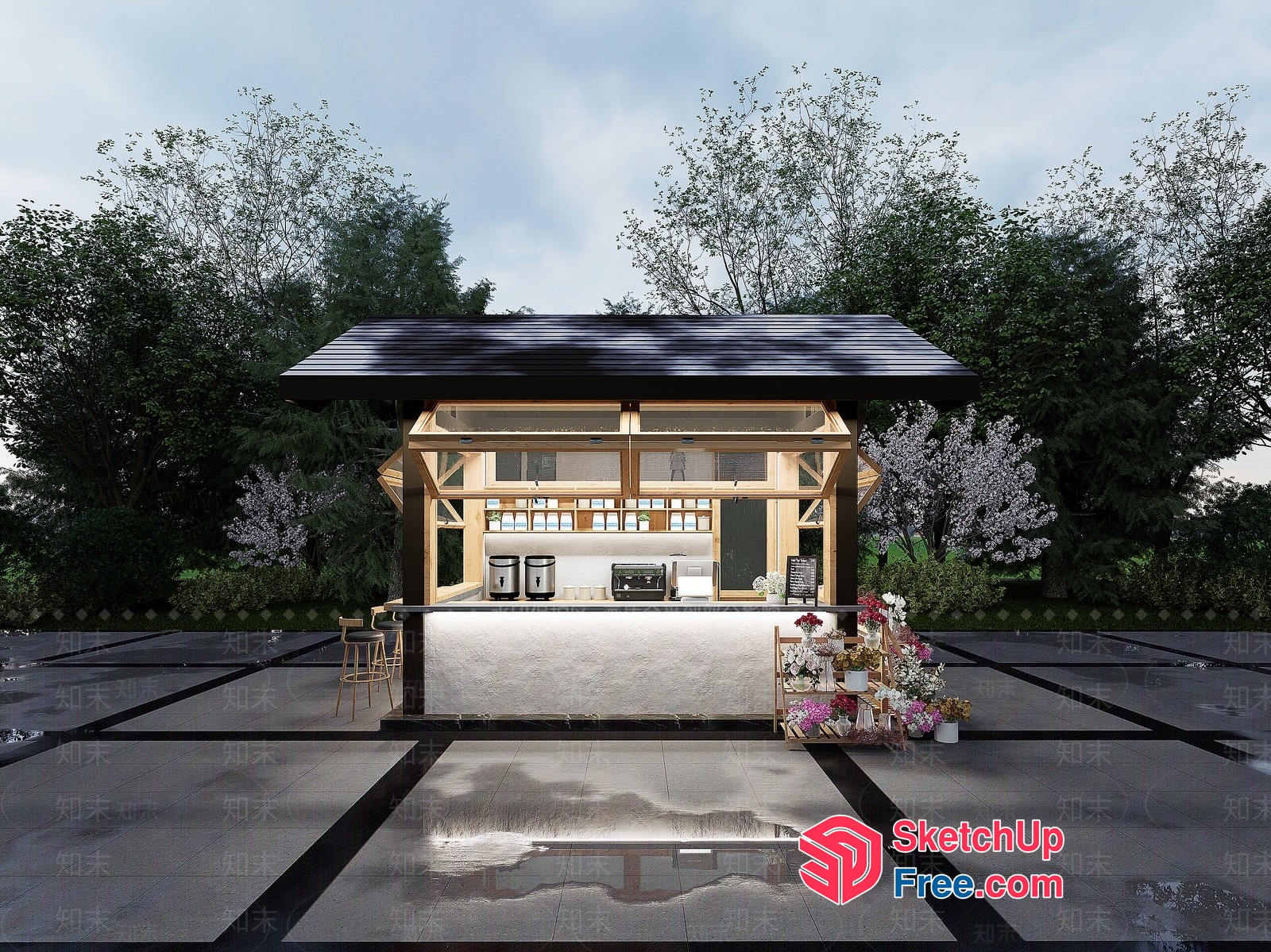 Outdoor Kitchen Pavilion With Roof And Counter 3D SketchUp File