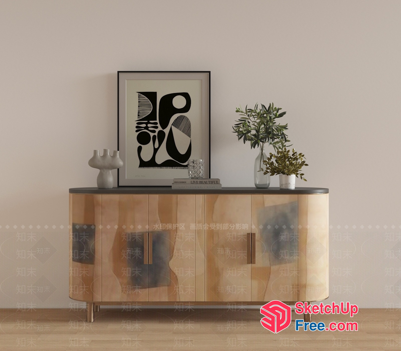 Minimalist Wooden Sideboard With Abstract Artwork 3D SketchUp File