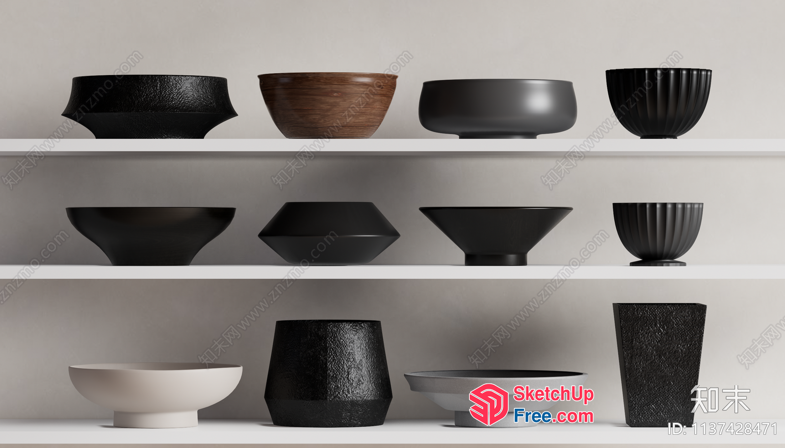 Modern Minimalist Decorative Bowls And Vases On White Shelves 3D SketchUp File