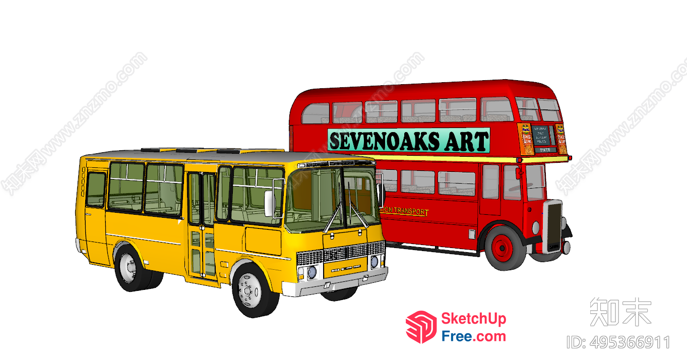 Double-Decker Bus And Yellow School Bus 3D SketchUp File