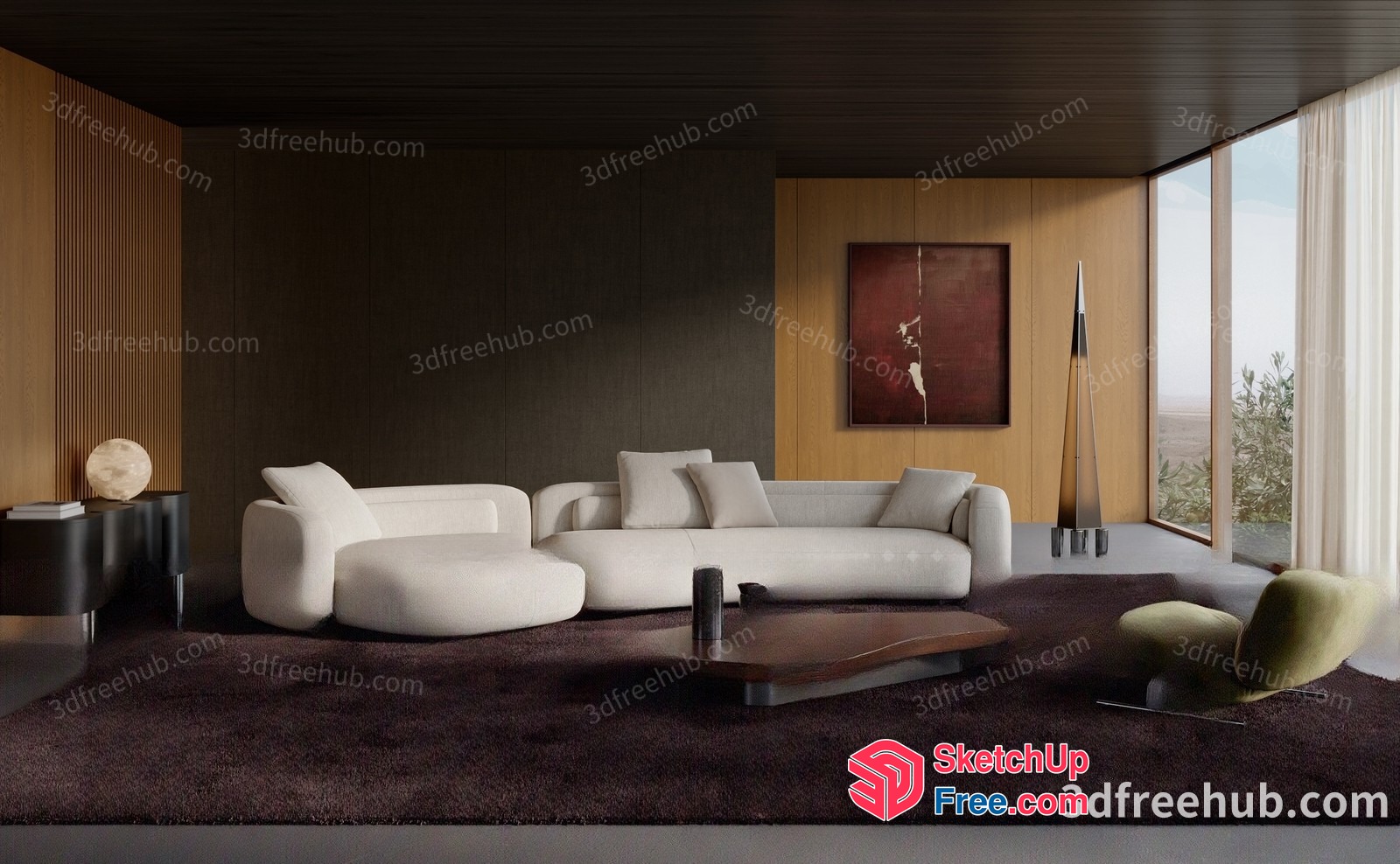 Modern Living Room With White Sofa And Brown Rug 3D SketchUp File