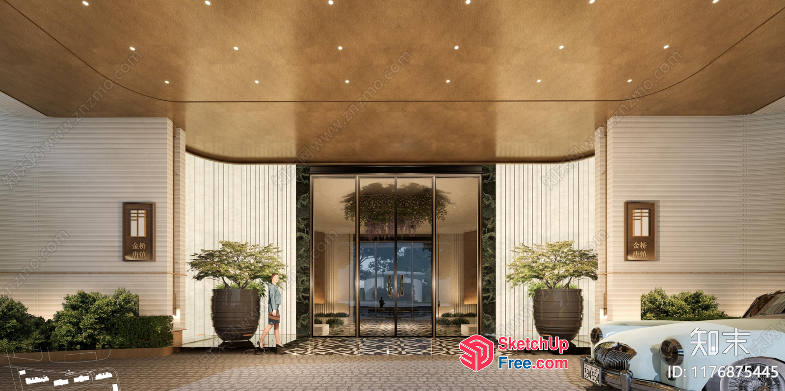 A Luxurious Entrance With Elegant Pillars And Potted Plants 3D SketchUp File