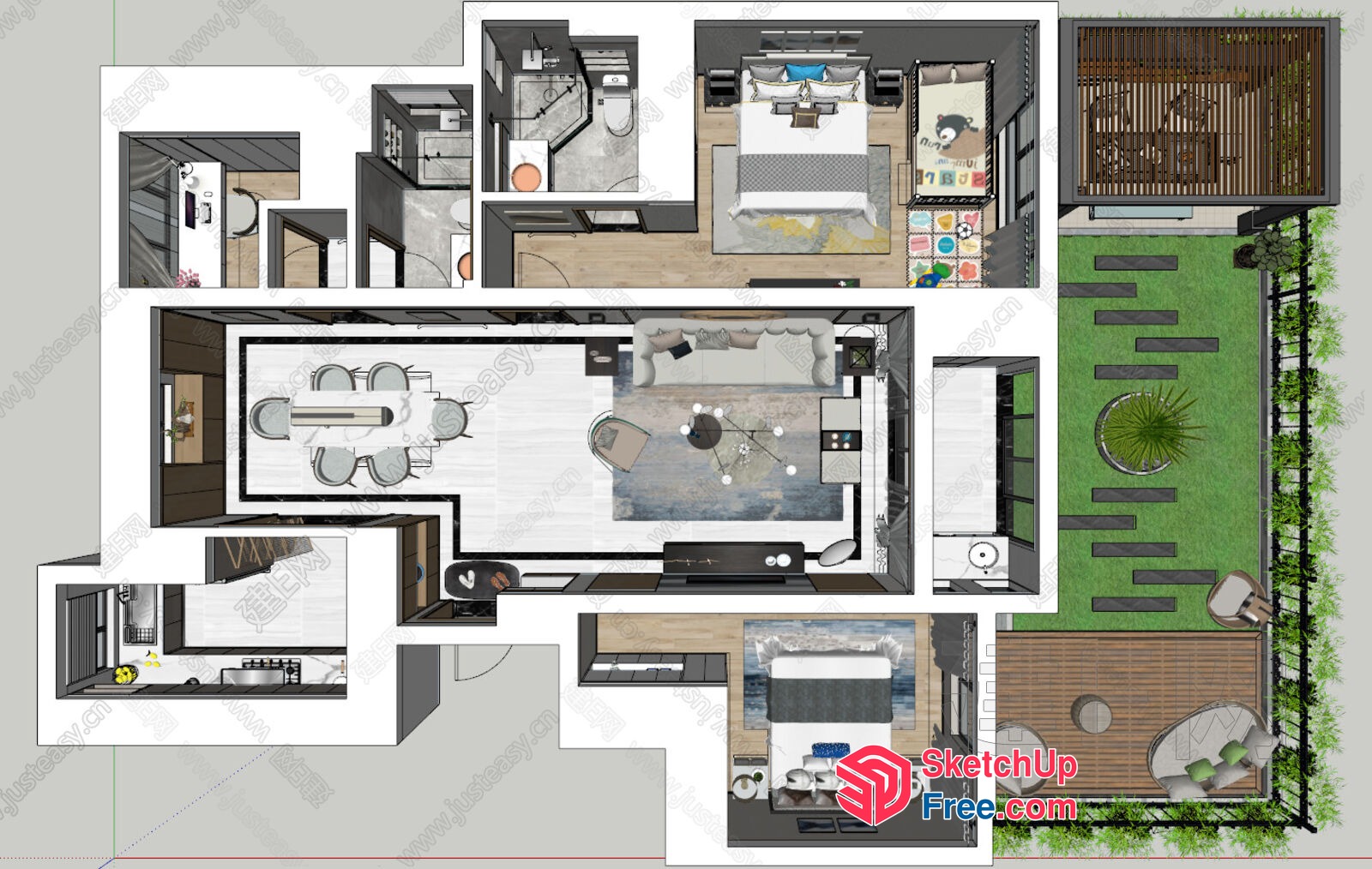 Modern Villa Floor Plan With Outdoor Space 3D SketchUp File