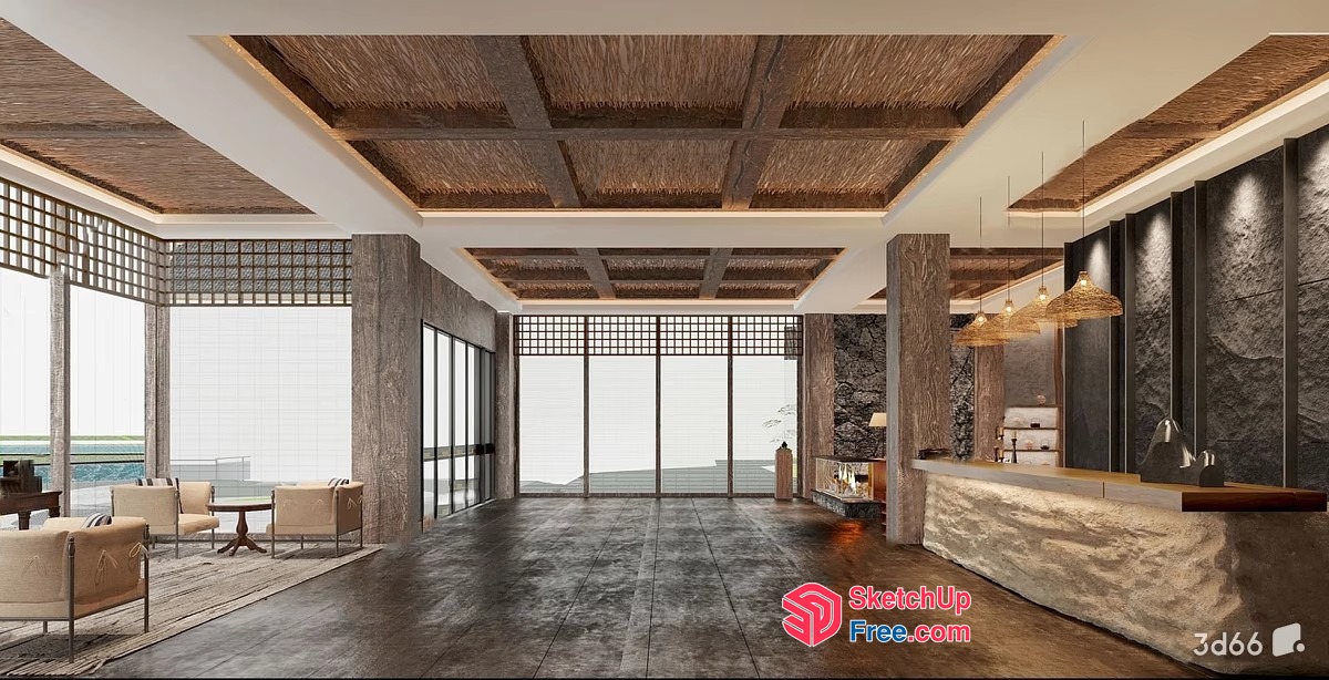 Modern Japanese-Style Living Room With Natural Materials 3D SketchUp File