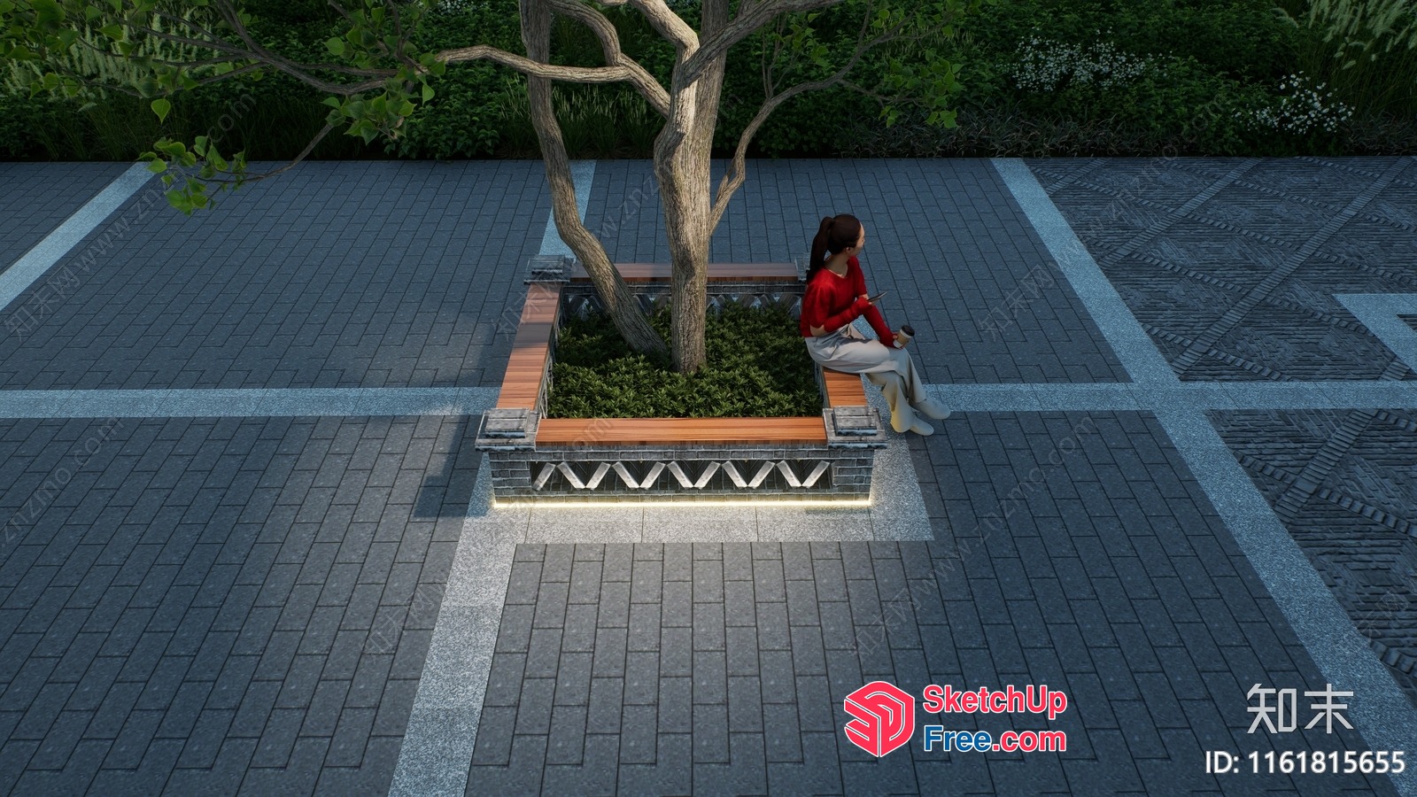 A Woman Sitting On A Bench Under A Tree In A Paved Area 3D SketchUp File