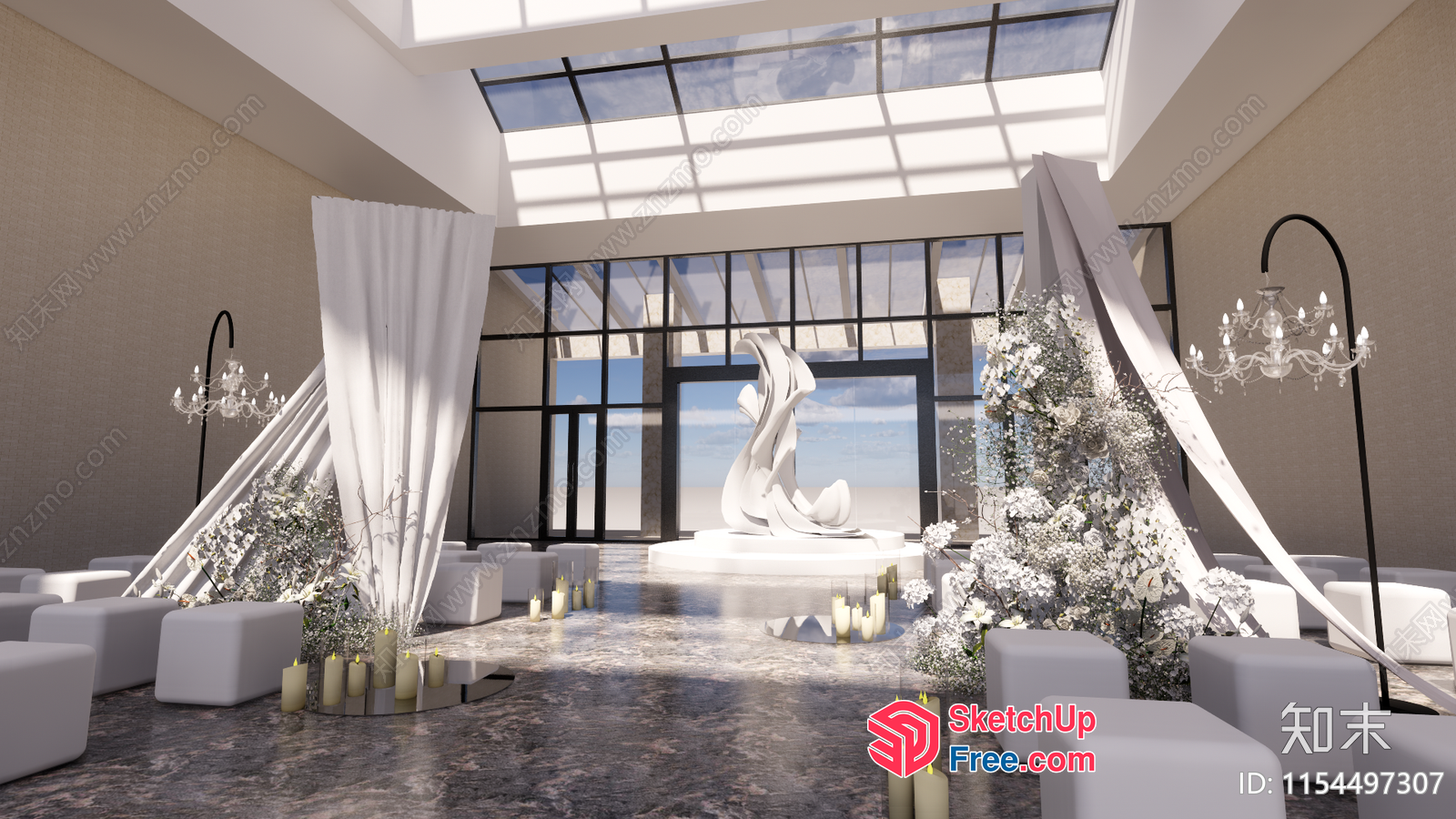 Modern White Wedding Decor With Floral Arrangements 3D SketchUp File