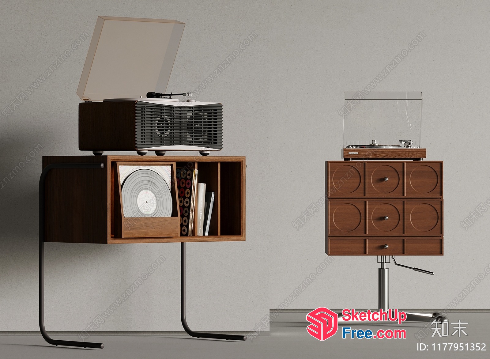 Mid-Century Modern Furniture Pieces With Vinyl Record Players 3D SketchUp File