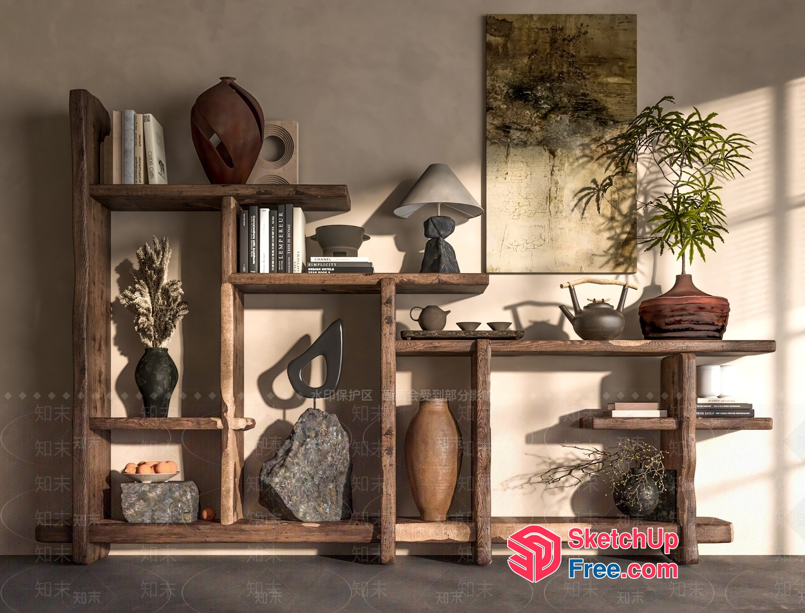 Rustic Wooden Shelf Unit With Natural Decor 3D SketchUp File