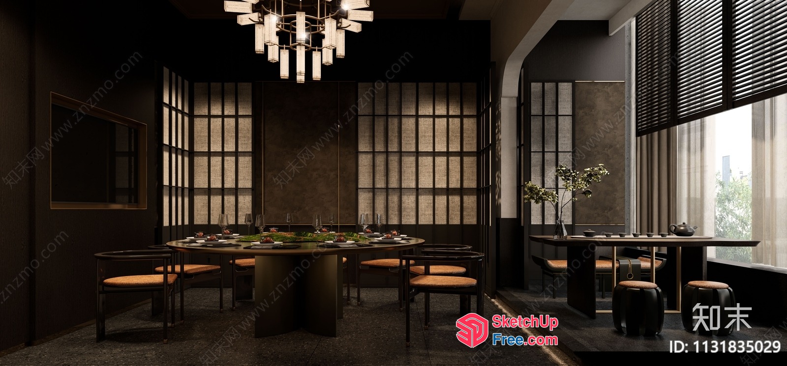 Elegant Dark Dining Room With Modern Chandelier And Table 3D SketchUp File