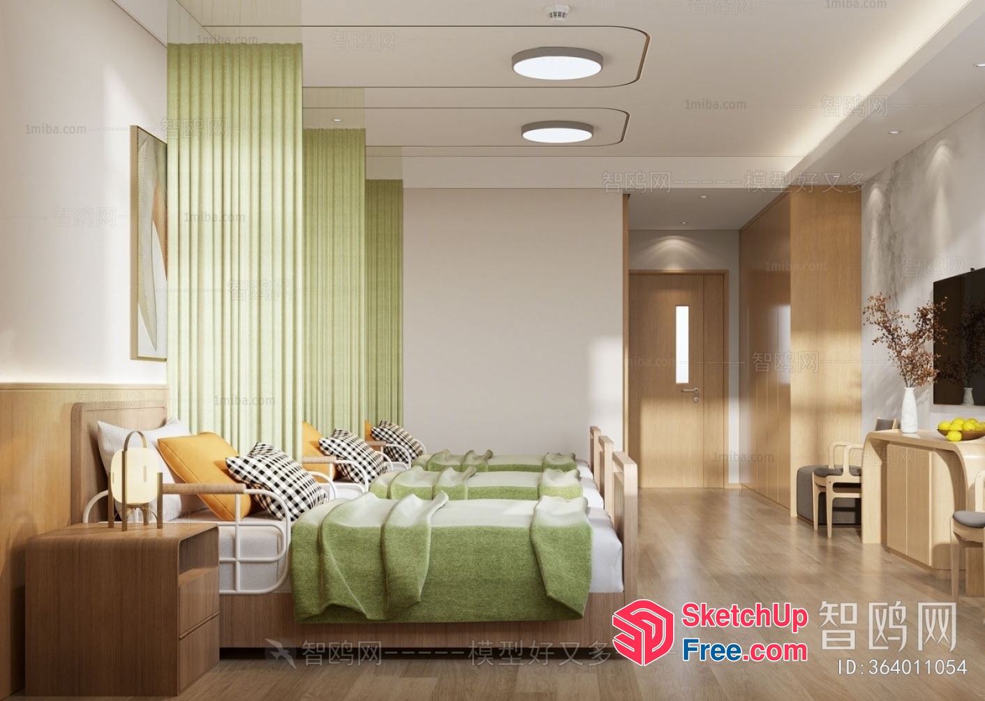 Modern Bedroom With Wooden Furniture And Green Accents 3D SketchUp File