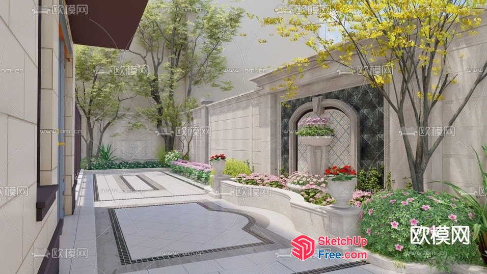 Elegant Courtyard With Classic Style And Beautiful Flowers 3D SketchUp File