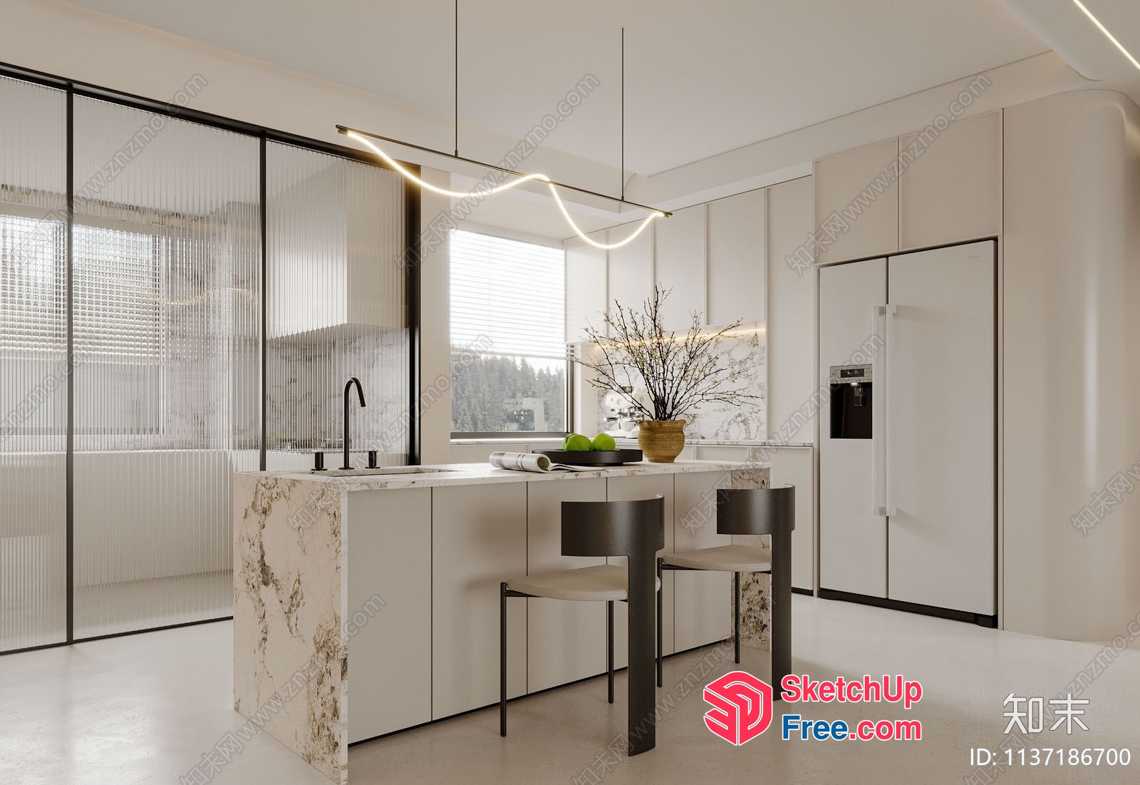 Modern White Kitchen With Marble Countertop And Island 3D SketchUp File