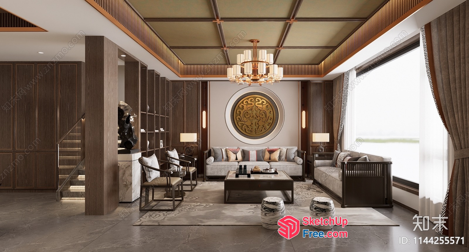Modern Living Room With Stairs And Pillars 3D SketchUp File