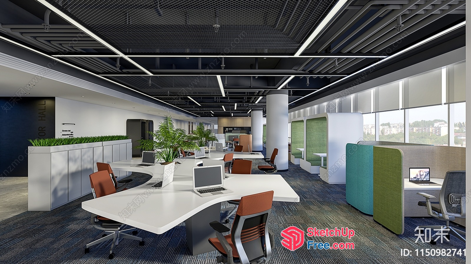 Modern Office Space With White Desks And Green Plants 3D SketchUp File