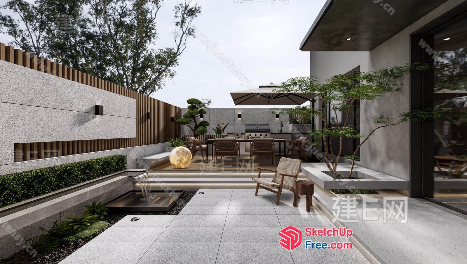 Modern Minimalist Outdoor Space With Water Feature 3D SketchUp File